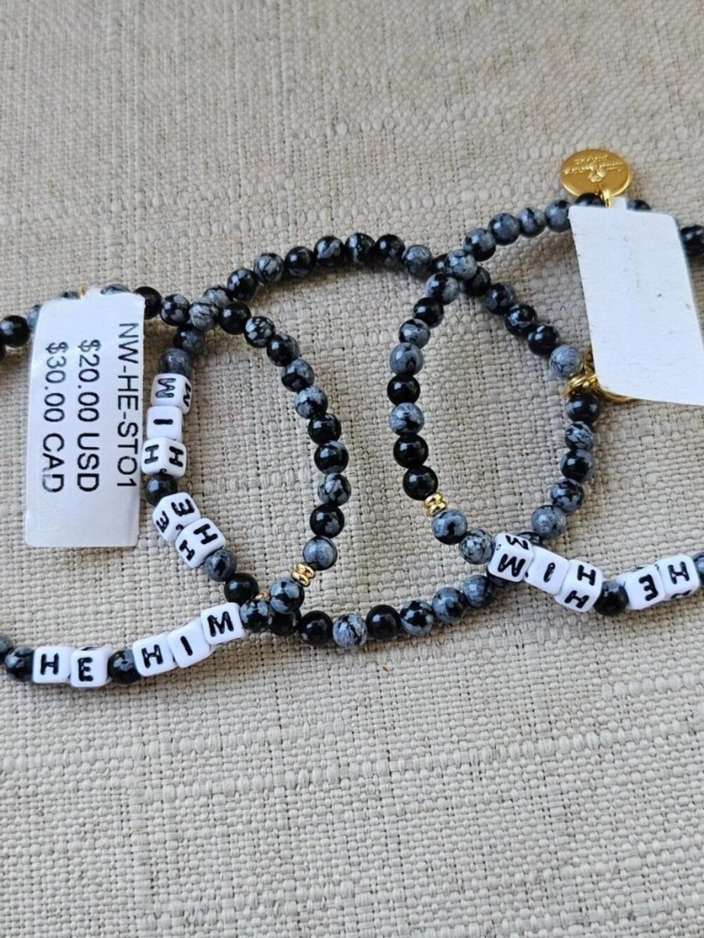 Little Words Project Bracelet Black Beands HE HIM Wrist Band Stretched Lot of 3 - Picture 12 of 12